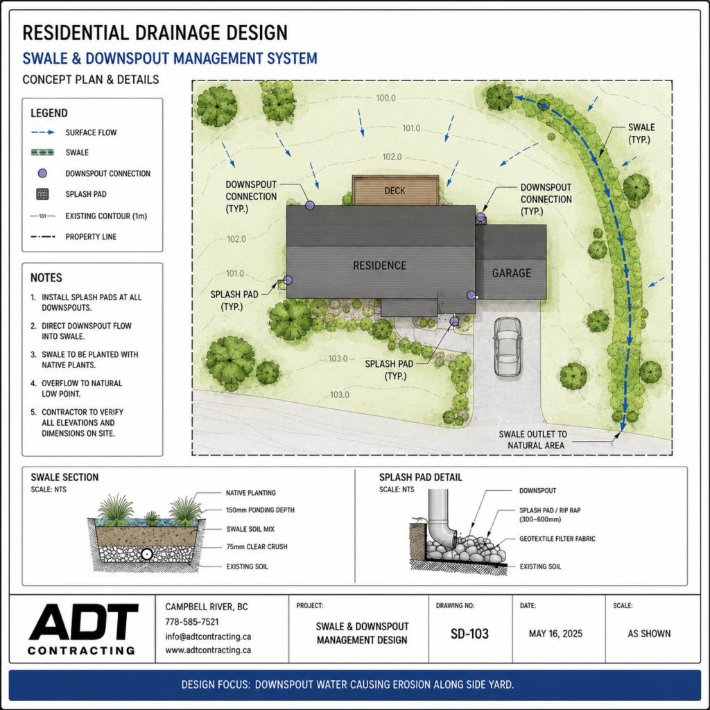 Residential drainage design showing French drains, rip rap outlet protection, catch basins, and a bioswale around a home.