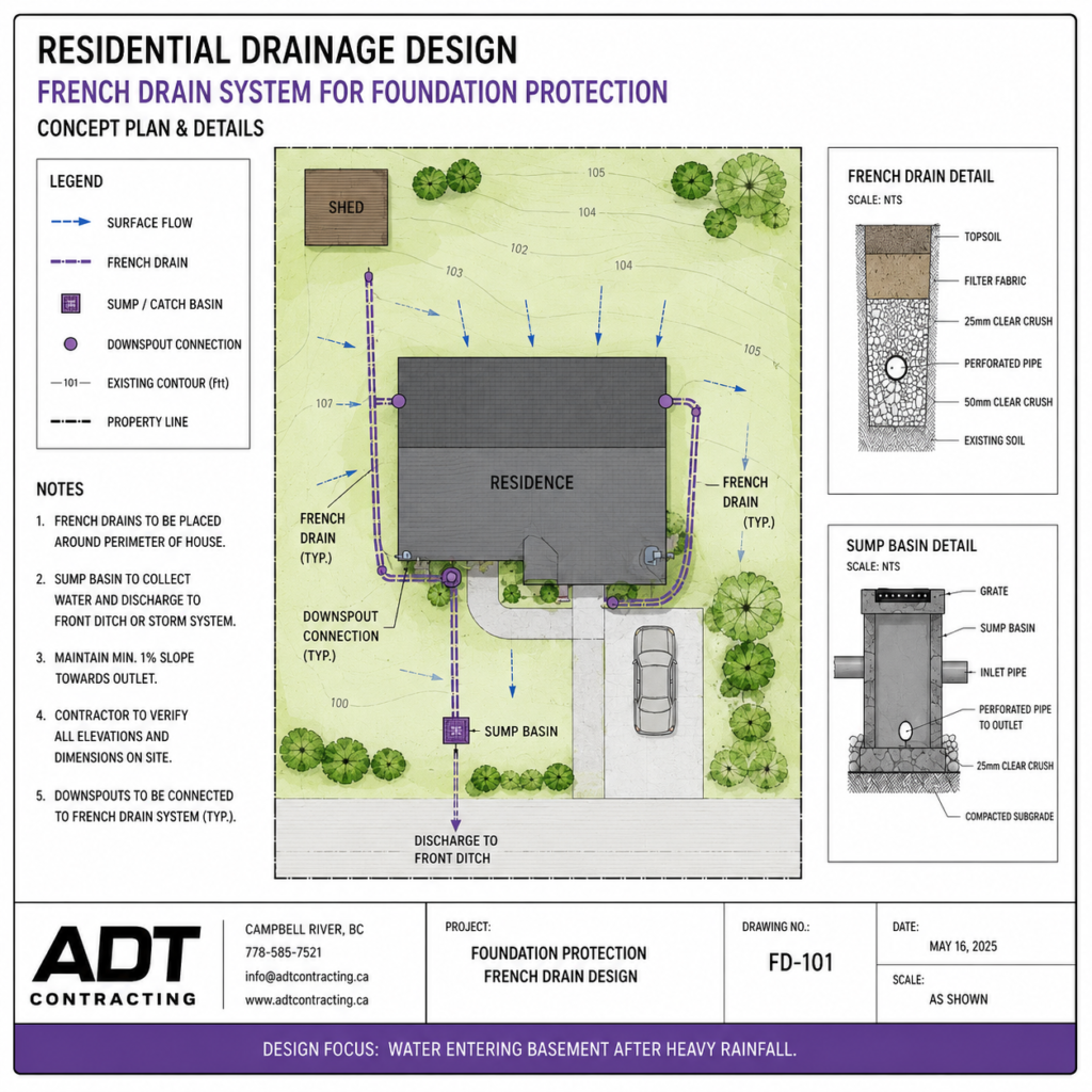 Foundation French drain design showing perimeter drainage, downspout connections, a catch basin, and discharge piping.