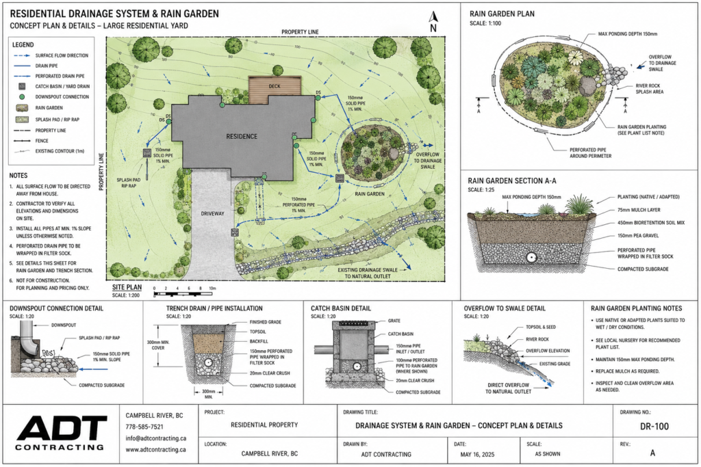 Residential drainage system and rain garden concept drawing showing catch basins, drain pipes, swales, downspout connections, and overflow details