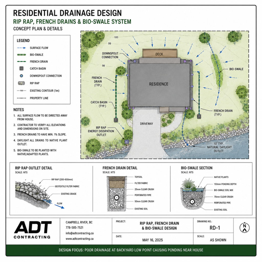 Residential downspout drainage and swale design showing splash pads, surface-water flow, and a landscaped drainage outlet.