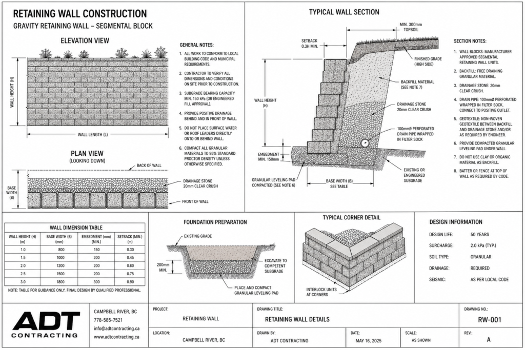 Retaining wall construction drawing showing block wall, drainage, base preparation, and backfill details